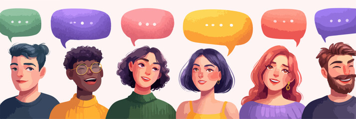 다양한 사람들이 말풍선으로 소통하는 모습을 벡터 그래픽으로 표현하여 현대적인 커뮤니케이션을 나타냅니다.