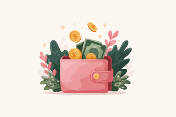 분홍색 지갑에서 돈과 동전이 쏟아져 나오는 벡터 일러스트레이션으로, 재정적 풍요와 번영을 상징합니다.