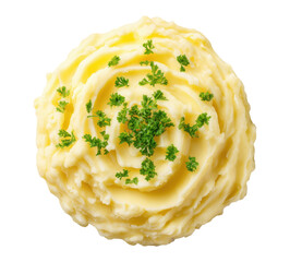 Creamy mashed potatoes with butter swirl and fresh herbs garnish, isolated on transparent background