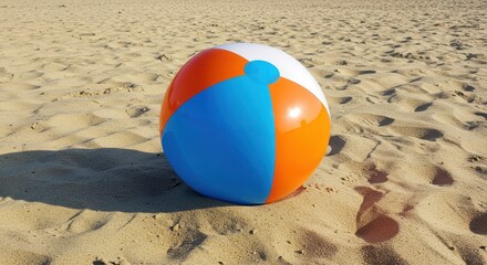 Inflatable sphere rests upon sunlit sandy shore with distinct shadows