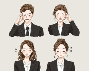 고민과 스트레스로 힘들어하는 남녀 직장인의 다양한 표정을 담은 일러스트로, 벡터 형식으로 제작되어 활용도가 높습니다.