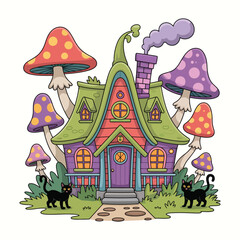 Obraz premium Whimsical fantasy witch house mushroom garden cartoon vector