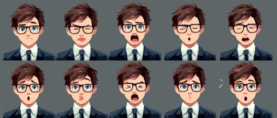 다양한 표정을 가진 안경 쓴 남성 캐릭터 일러스트 세트