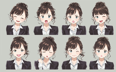 다양한 표정을 짓는 젊은 여성 비즈니스맨의 일러스트 세트