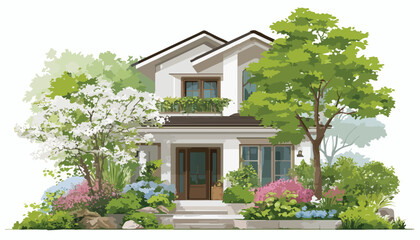 아름다운 정원과 나무로 둘러싸인 현대식 주택의 벡터 일러스트레이션