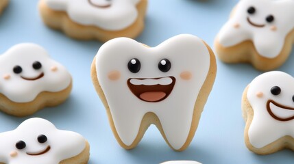 Fototapeta premium Several tooth-shaped cookies with white frosting and cute faces are arranged on a bright blue surface. AI.