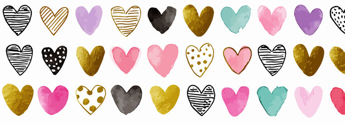 다양한 색상과 패턴의 하트 모양 벡터 일러스트가 줄지어 배열되어 있습니다