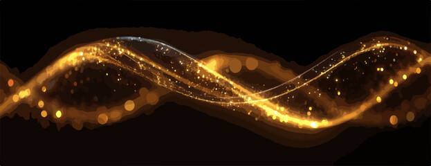 황금빛 빛줄기가 검은 배경 위에서 부드럽게 흐르는 추상적인 디자인