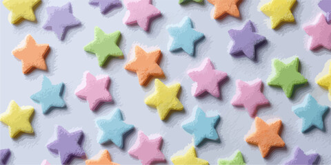 다채로운 파스텔 색상의 별 모양 스프링클이 배경을 가득 채우고 있습니다.