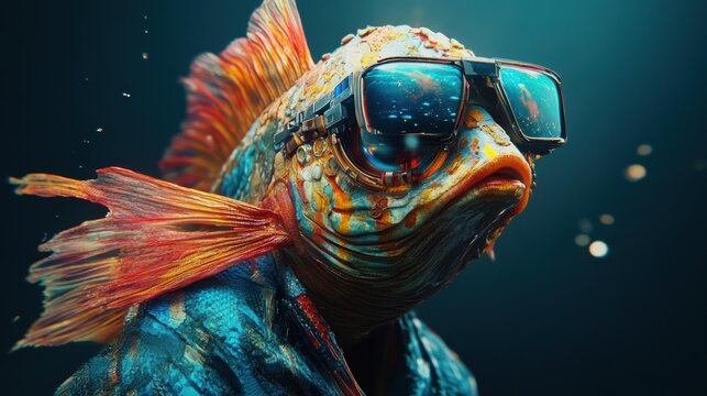 Robotic fish with orange fins has large round eyepieces. The fish has white and orange scales. AI.