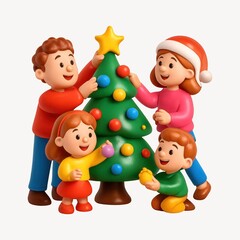 Family decorating Christmas tree together.