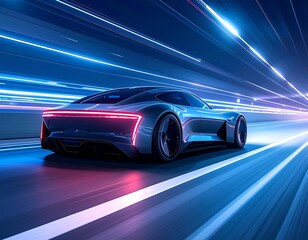 Sleek futuristic sports car speeding through a tunnel with glowing lights