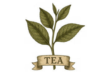 Tea plant leaves in vintage engraving style with banner displaying 'tea' text, transparent background