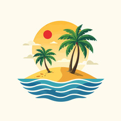 Fototapeta premium Colorful tropical island with palm trees under setting sun, flat design