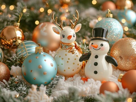 Decorative snowman and reindeer figurines sit amidst holiday ornaments on artificial snow and evergreen branches. AI.