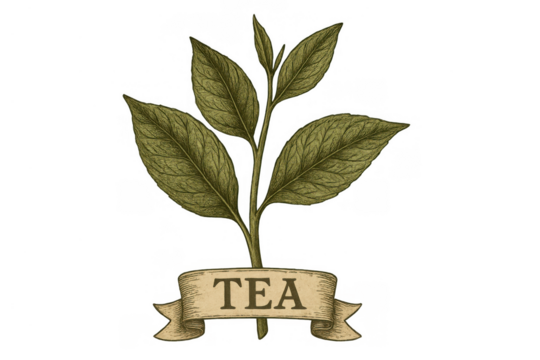 Tea plant leaves in vintage engraving style with banner displaying 'tea' text, transparent background