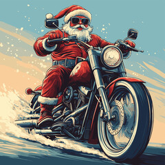Santa Claus drives a motorcycle chopper on Christmas Day.   , vector style simple color