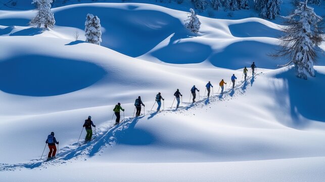 Seven skiers ascend a snow-covered slope, leaving tracks in the pristine white landscape. AI.