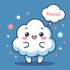 Fototapeta premium Cute cloud character with thought bubble saying kawaii, cartoon style, starry background