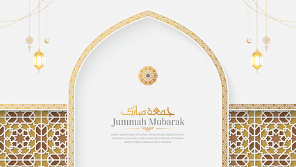 Jumma Mubarak Islamic greeting card background with Arabic pattern and decorative arch