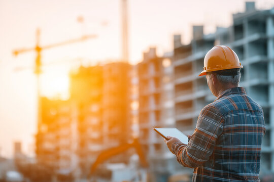Defocused construction cranes at sunset on urban building site