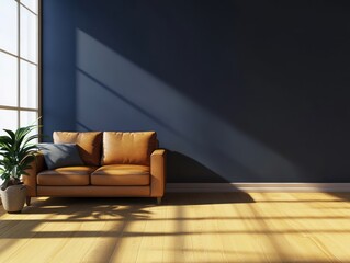 Modern living room with sunlit, minimalist design