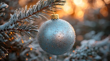 A silver ornament hangs from a snow-covered pine branch, with a blurred golden background. AI.