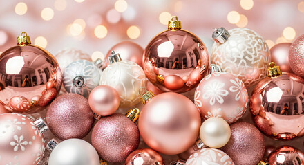 Christmas decorations with rose gold baubles, gentle pastel tones, soft pink bokeh background, elegant feminine Christmas style