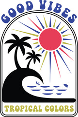 Dreamy tropical paradise with vibrant sun, palm trees, and ocean waves art design