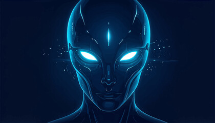 Glowing alien face with neon blue eyes, futuristic sci-fi portrait, dark background