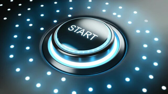 Illuminated start button surrounded by glowing lights in a modern setting