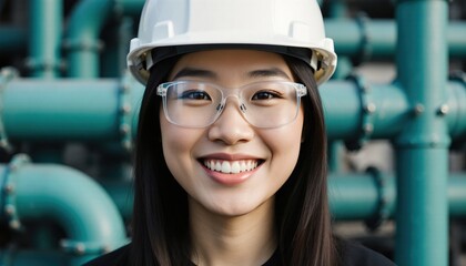 Smiling Woman in Hard Hat and Safety Glasses at Industrial Setting