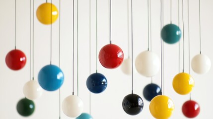 Colorful hanging spheres suspended on thin strings against bright minimal background in modern style