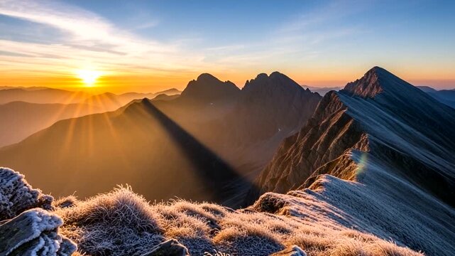 Majestic sunrise over mountain peaks with golden rays illuminating the frosty landscape