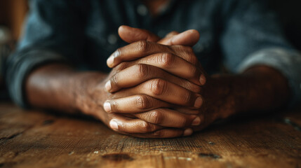A close-up of a person sitting at a table with their hands clasped together, fingers interlocked in a calm and thoughtful gesture. Realistic.