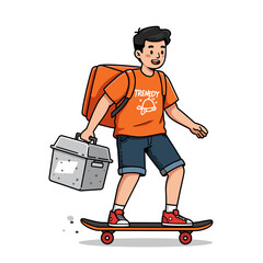 Vector art illustration of a delivery man with a suitcase and a package delivering a parcel to a business person