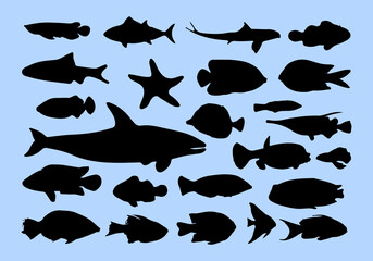 collection of marine fish and sea animal silhouettes