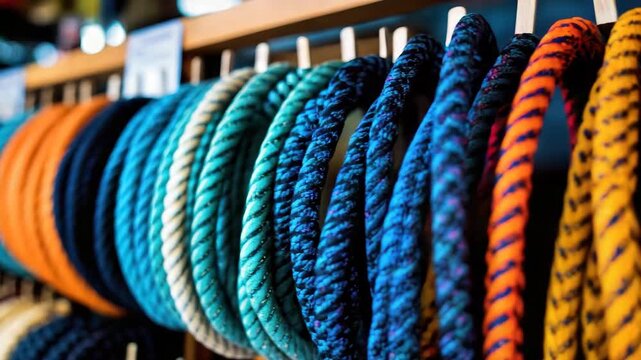 Colorful ropes hang neatly in a craft store showcasing a variety of patterns and textures for various projects and uses