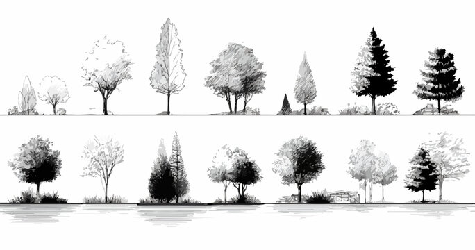 Collection of diverse hand-drawn trees in a linear arrangement, suitable for various design applications.