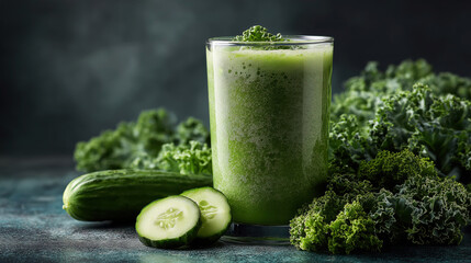Green smoothie with kale and cucumber on dark background, representing vegan diet, detox and wellness concept