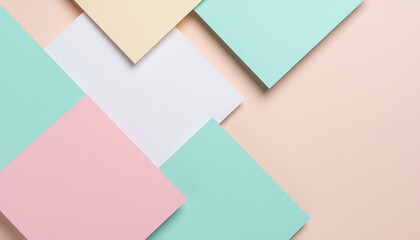 Flat lay of pastel paper sheets in mint, pink, yellow, and white on a peach background. Geometric layout with clean lines creates a soft, modern, and minimal design aesthetic.
