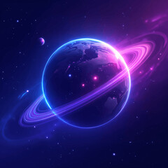 Fototapeta premium Neon planet with glowing rings, cosmic space background, futuristic sci-fi art