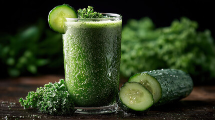 Green smoothie with cucumber and kale on dark background, representing vegan detox drink and healthy wellness concept