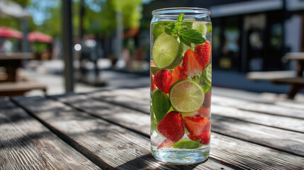 Glass jar with strawberry and lime water on table outdoors, symbolizing summer refreshment and vegan wellness concept