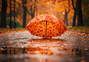 Autumn Umbrella Reflections on a Rainy Pathway
