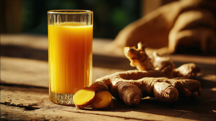 Glass of ginger juice on wooden table, representing natural detox, immunity boost and wellness concept