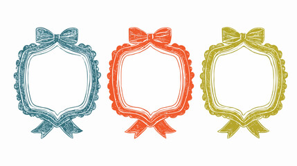 Three decorative, hand-drawn frames with bows and scalloped edges in different colors.