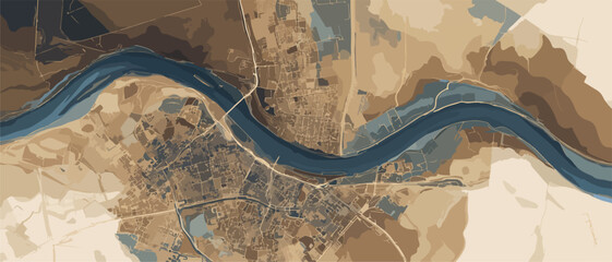 Aerial view of a winding river flowing through a textured landscape with urban elements and topographic contours.