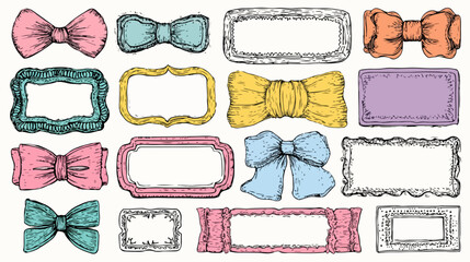 Collection of hand-drawn decorative bows and ornate frames in pastel colors, perfect for invitations.