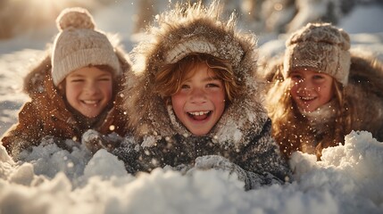 Three girls enthusiastically making snow angels under the beautiful glowing sunlight in winter